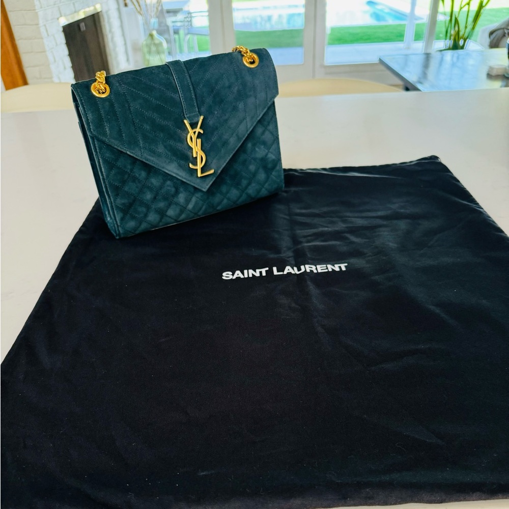 Saint Laurent Medium Envelope Suede Crossbody Bag -  Dark Green